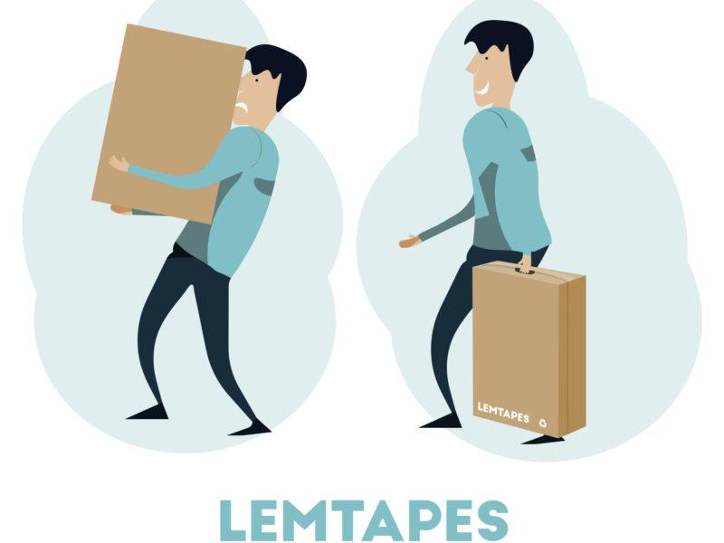 Animated image comparing the ease of carrying a box with a reinforced Lemtapes handle versus no handle.
