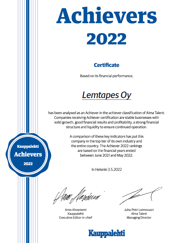 Lemtapes Oy's Achiever's certificate.